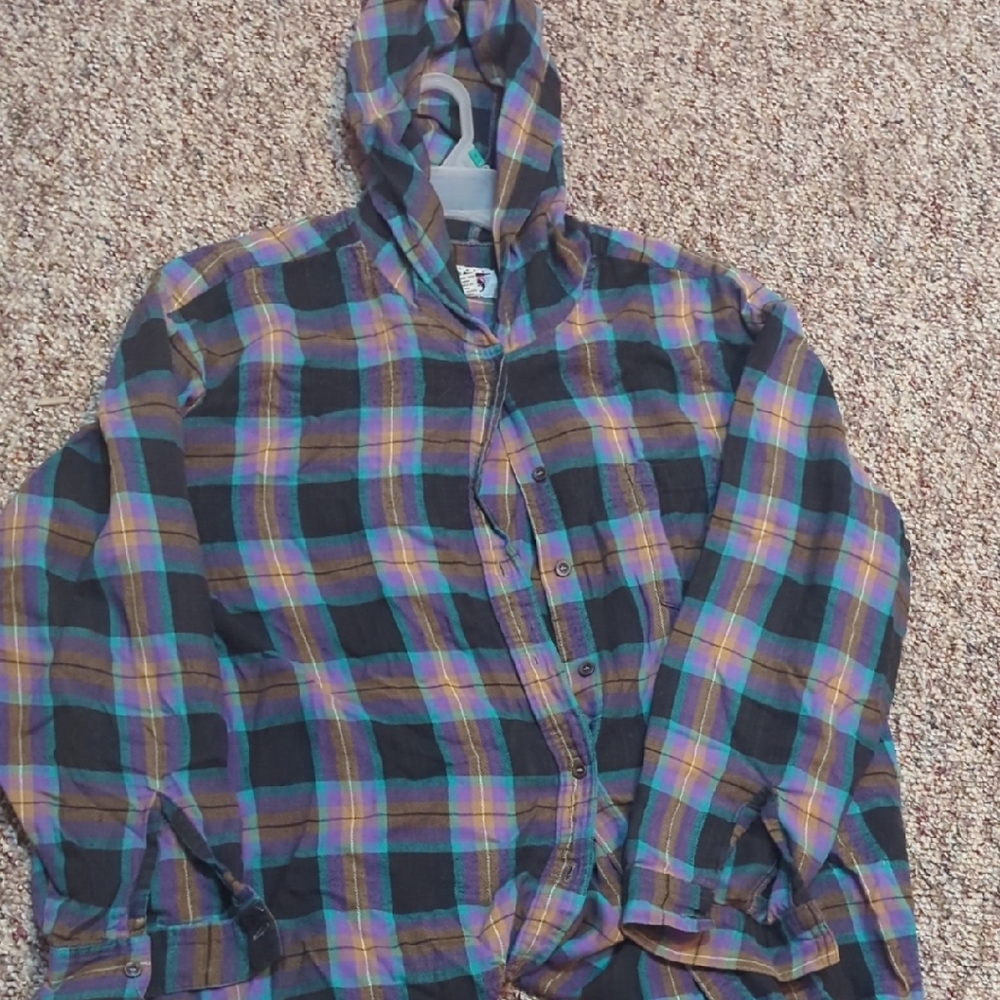 Plaid Hooded Button-Up Shirt Jacket - Black, Purple, Teal